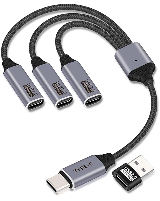 USB C Splitter Cable 3 Port 1 Male to 3 Female,1 in 3 Out USB C Extender Hub Data & Power Charging USB 2.0 Extension Cable for Car,Laptop,Keyboard,Mouse(25CM)