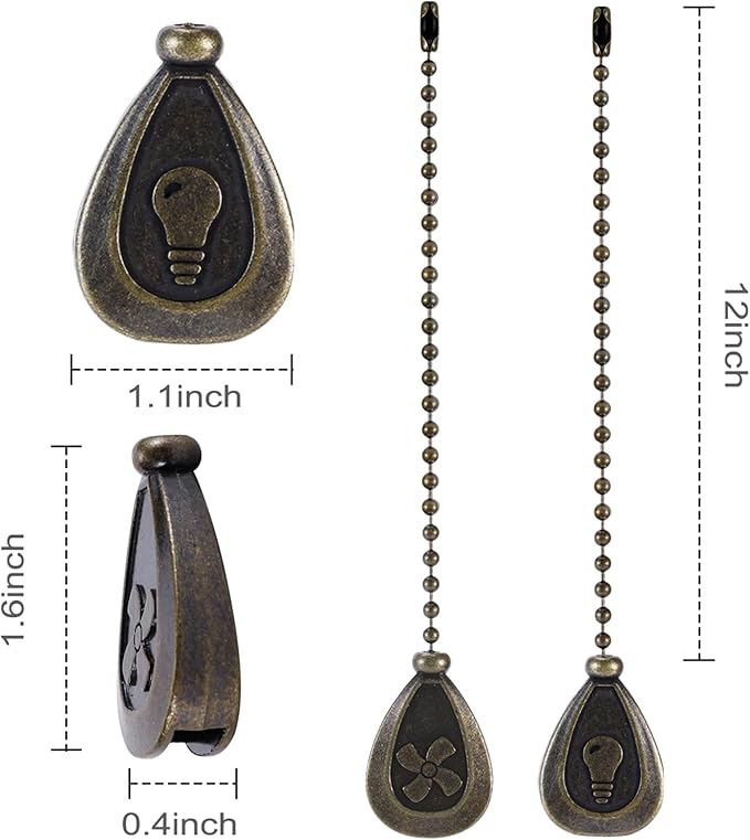 4 Pack Bronzed Ceiling Fan Pull Chain Extension, 12 Inches Classic Drop Shaped Pendant Pull Chains for Ceiling Fans and Lights, Decorative Fan Pulls Extenders with Connector (2 light and 2 fan)