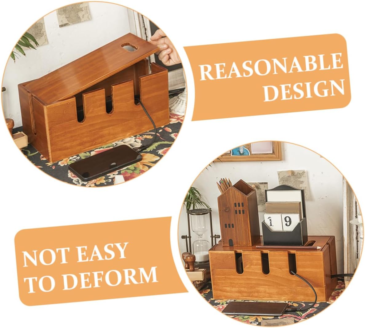 Zerodeko Wooden Cable Management Box, Cord Organizer for Phone Charger, Wire Organizer Container, Desk WiFi Storage Rack