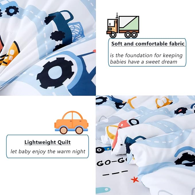 PERFEMET 5-Piece Kids Comforter Full Size Set Reversible Trucks Cars Bedding Comforter Set for Boys Girls Ultra Soft Lightweight Blue White Boy Bed in a Bag for All Season(Cars, Full)