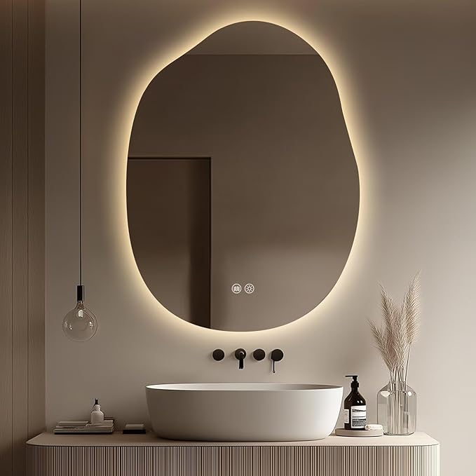 LED Bathroom Mirror with Lights 24x32, Stepless Dimmable Irregular Backlit Mirror with 3 Colors, Anti-Fog, Memory, Al-Alloy Lampshade, Frameless Smart Mirror for Bathroom (Horizontal/Vertical)