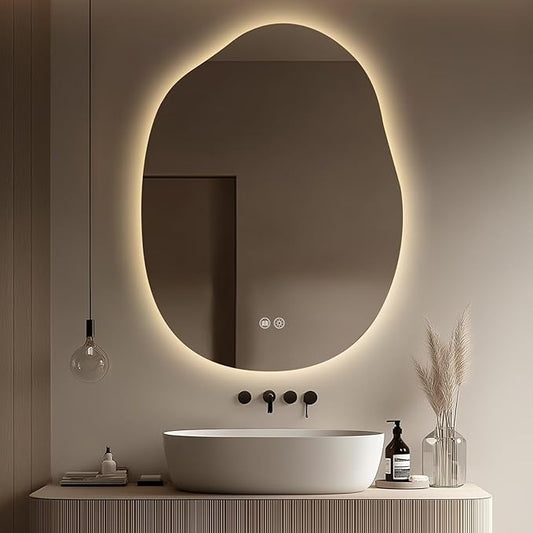 LED Bathroom Mirror with Lights 24x32, Stepless Dimmable Irregular Backlit Mirror with 3 Colors, Anti-Fog, Memory, Al-Alloy Lampshade, Frameless Smart Mirror for Bathroom (Horizontal/Vertical)