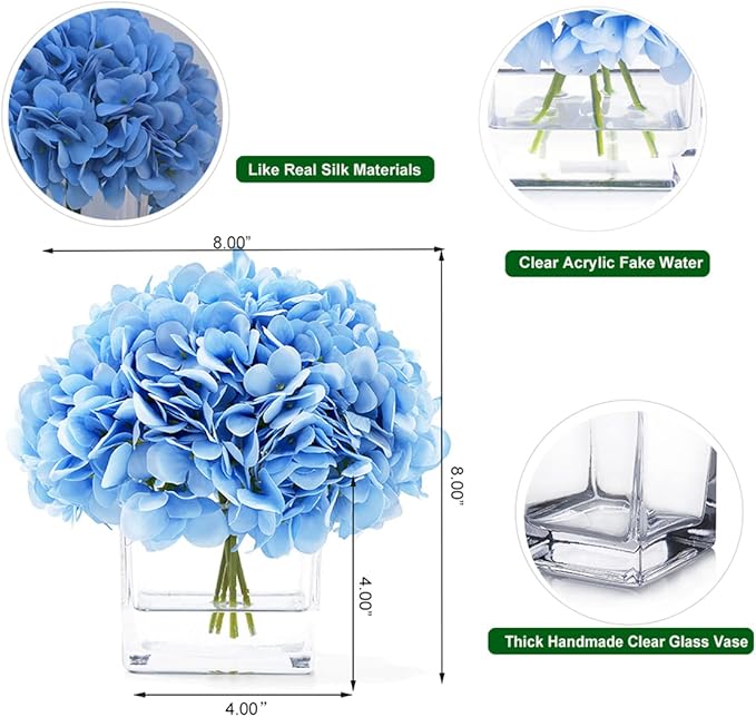 Silk Blue Artificial Hydrangea in Vase with Faux Water, Silk Flower Arrangements in Vase for Home Decor, Wedding Table (Blue)