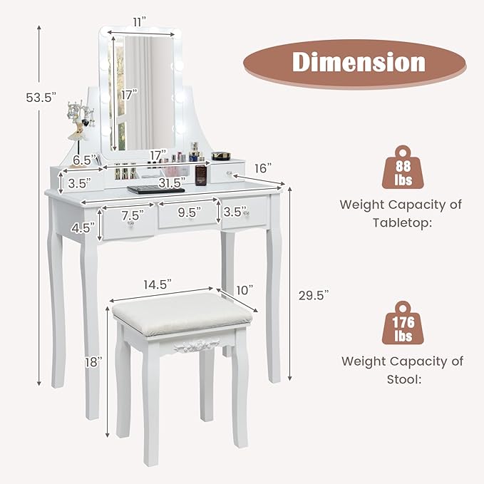 CHARMAID Vanity Desk with Mirror and Lights, Makeup Vanity Table with 5 Storage Drawers, 3 Color Lighting Modes, Adjustable Brightness, Modern Bedroom Dressing Table with Vanity Stool, White