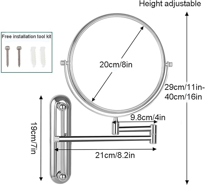Makeup Mirror Wall Mounted Extra Long Arm, Cosmetic Mirror Magnification, Vanity Mirror 360° Swivel Extend and Fold, Double Sided Bathroom Shaving Mirror Magnifying Mirror Wall Mounted