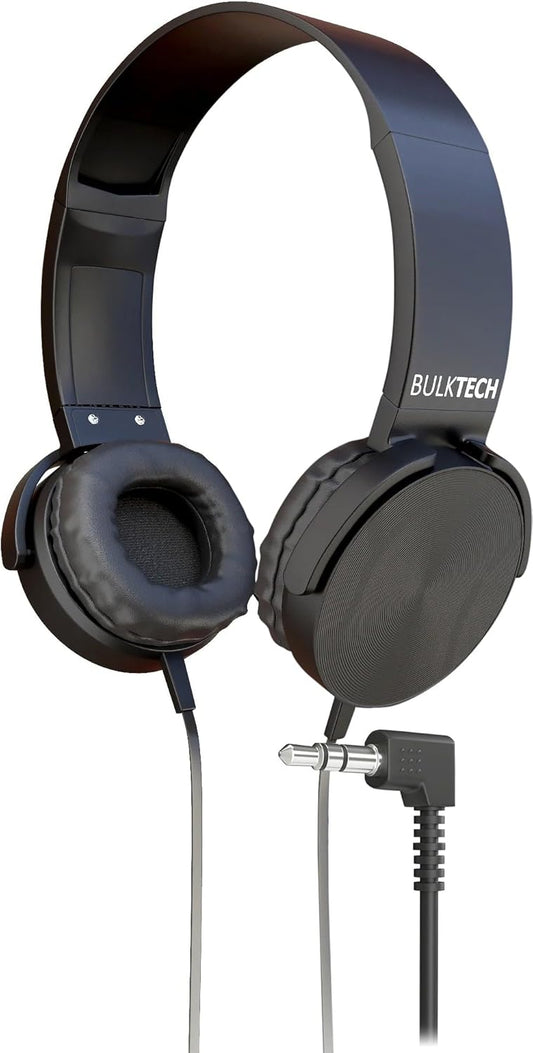 1 Pack 3.5mm Wired On-Ear Leather Headphones with Connector, Round Metal Housing, Black
