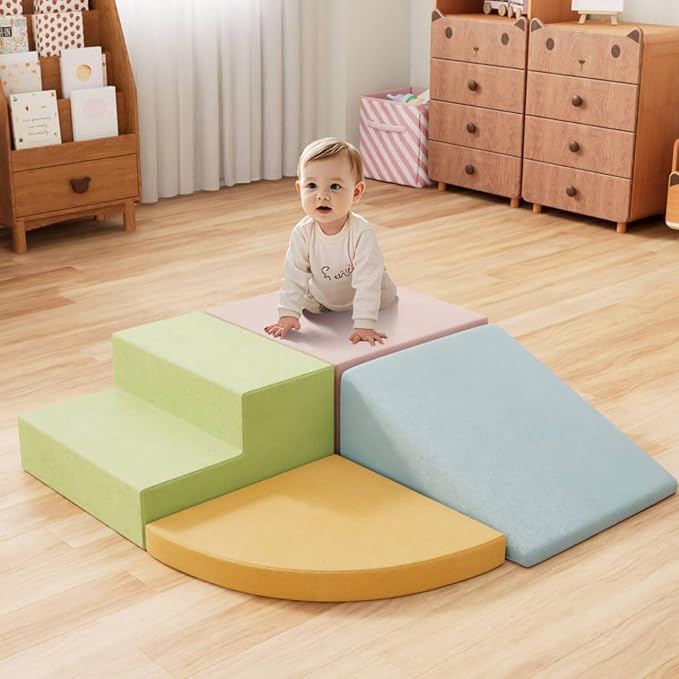 4 Piece Foam Climbing Blocks for Toddlers, Baby Climbing Gym with Ultra High Density Foam for Crawling and Sliding, Indoor Soft Play Set for Infant, Babies & Kids - Multicolor (Multicolor A, 4-Piece)