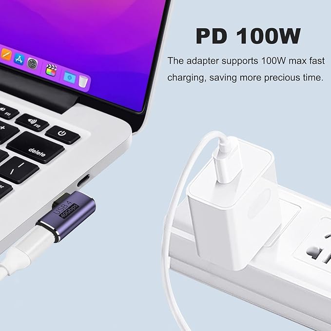 AreMe 2 Pack USB C Male to Female Adapter, 90 Degree Right Angle 100W Type C Extender Adapter for Thunderbolt 4/3, MacBook Pro/Air, Laptop, Phones and More Type C Devices (Purple)