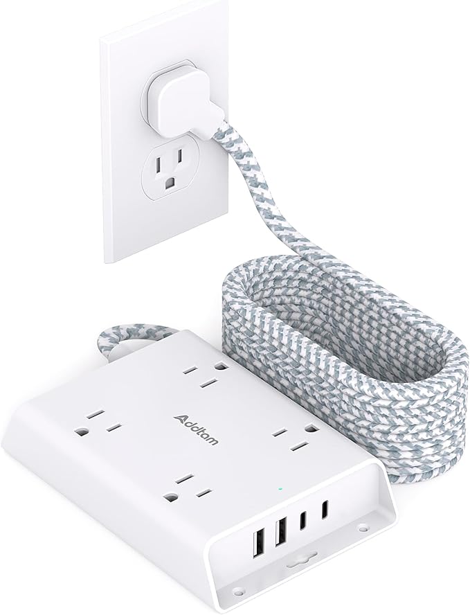 Surge Protector Power Strip 10 ft, Addtam Flat Plug Extension Cord with 4 USB Wall Charger(2 USB C Port), 4 Widely Outlets Desk Charging Station, Home Office and College Dorm Room Essentials