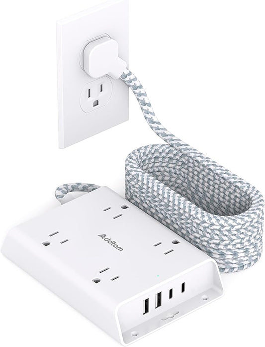 Surge Protector Power Strip 10 ft, Addtam Flat Plug Extension Cord with 4 USB Wall Charger(2 USB C Port), 4 Widely Outlets Desk Charging Station, Home Office and College Dorm Room Essentials