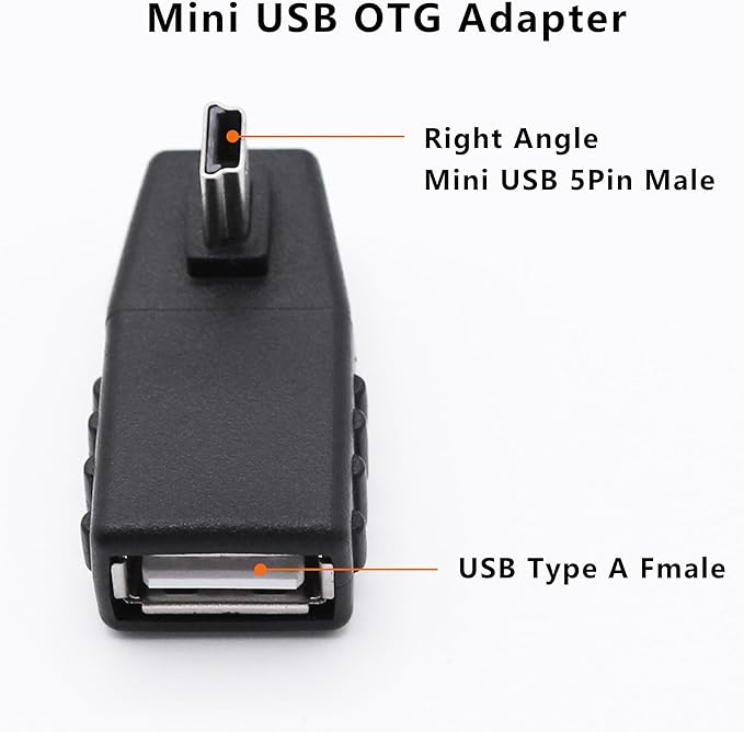 90 Degree Mini USB to USB A OTG Adapter,Right Angle Mini USB 5-Pin Type B Male to USB Type A Female Adapter Converter for Digital Cameras,Black(2 Pack,Right)