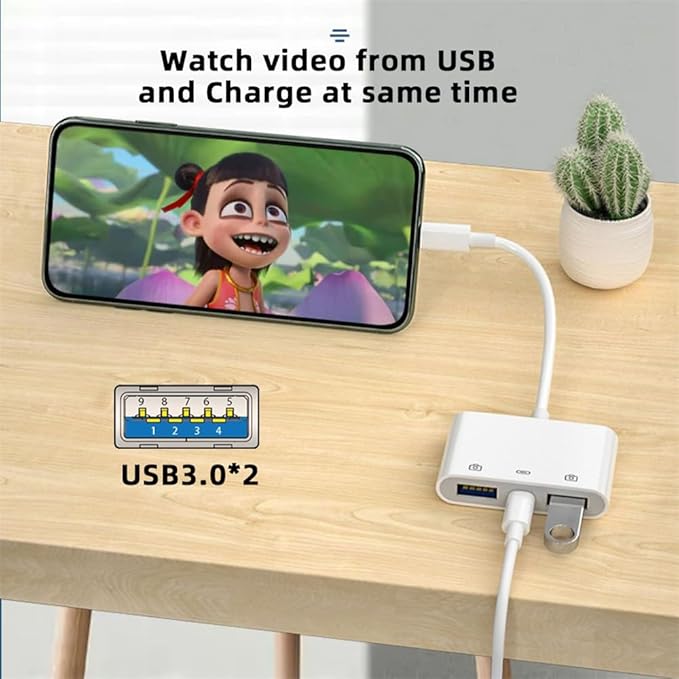 NFHK Type C USB-C to Dual Type-A USB3.0 Female with PD Power Charge Adapter Compatible with Laptop Tablet Phone