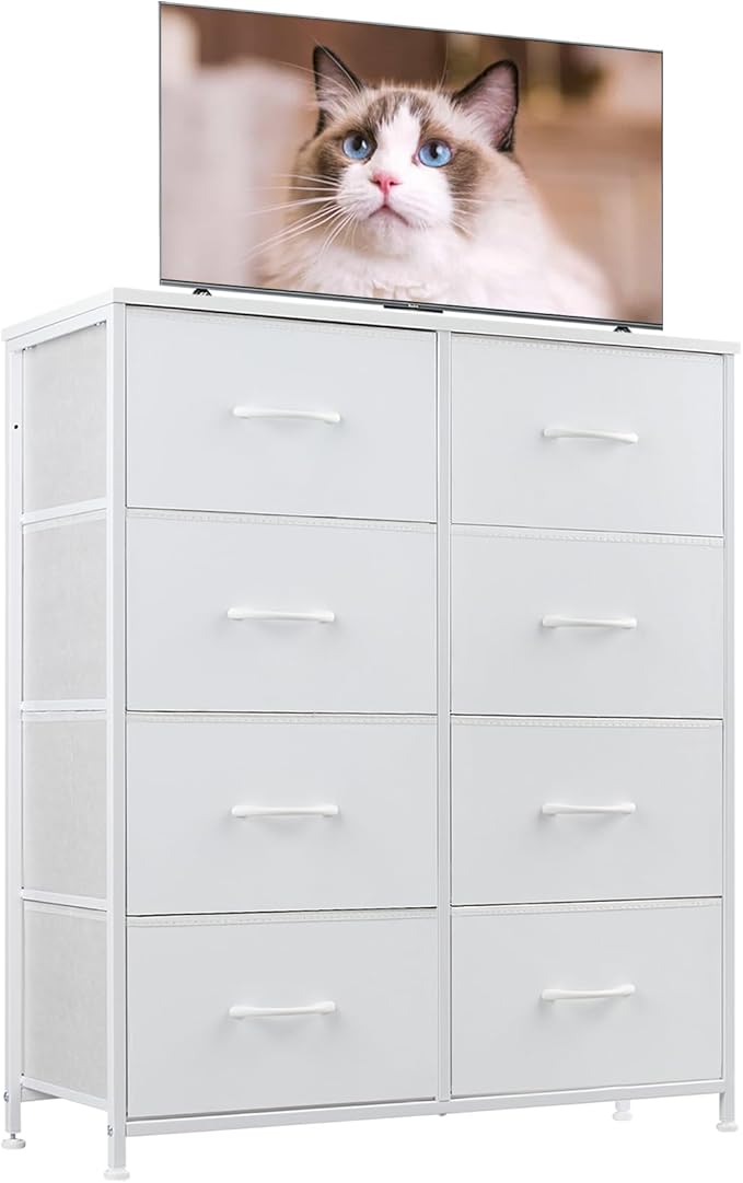 OLIXIS Dresser for Bedroom, Drawer Dresser Organizer Storage Fabric Storage Tower, Chest of Drawers with 8 Easy Pull Fabric Bins, Steel Frame, Wood Top for Living Room, Closet, Entryway, Hallway