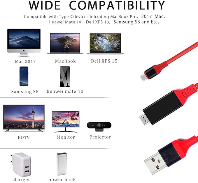 USB C to HDMI Adapter with USB Cable, Type c to HDMI Adapter 4K 30Hz Compatible with MacBook 2018 iPad Pro,iMac,ChromeBook Pixel,Galaxy S9 Note9 S10 Surface Book Pro- 6.6FT (6.6FT, Red)