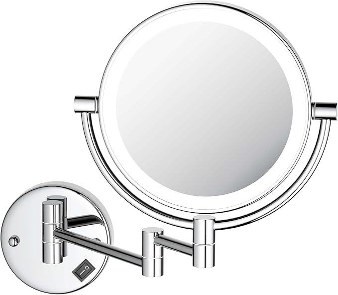 KIBI Circular Wall Mount Makeup Mirror with LED Lights, Dual-Sided 1x/5x Magnifying Mirror with Adjustable Arm, 360° Swivel, Solid Brass Construction for Durability and Style (Chrome, KMM101)