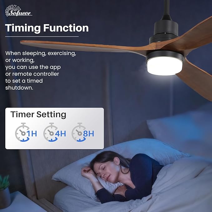 Sofucor 60 Inch Ceiling Fans with Lights, Walnut Solid Wood Ceiling Fan with Light Remote Control, Indoor/Outdoor Ceiling Fan with Reversible DC Motor, 3 Blade Fan Light for Bedroom Patio Farmhouse