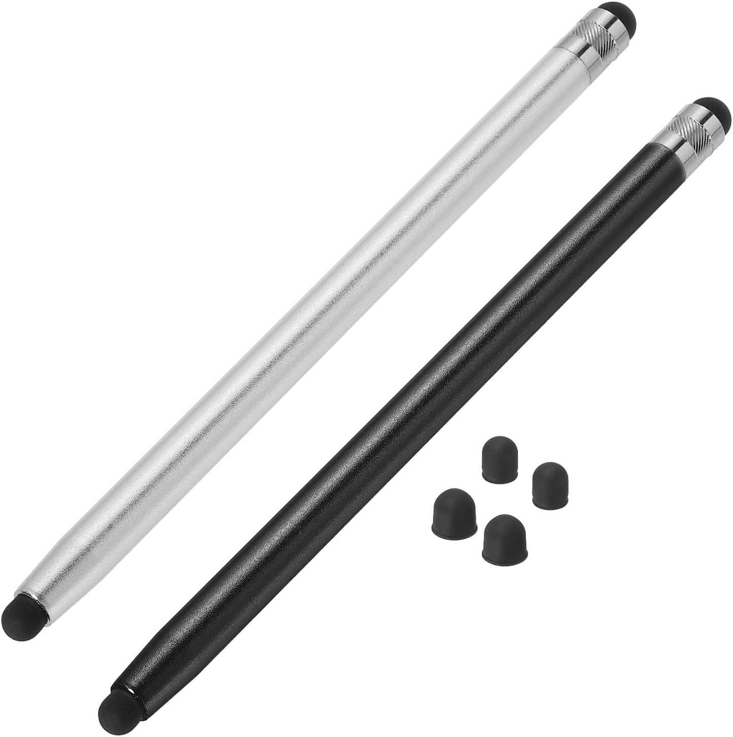 MECCANIXITY 2pcs Stylus Pens for Touch Screens with 4 Extra Tips, Dual Rubber Tips, Universal Tablet Pen (Black Silver).