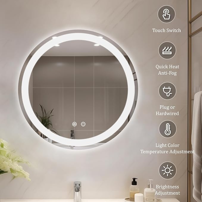 WallBeyond LED Bathroom Mirror with Lights, 20'' Round Light Up Bathroom Mirror for Wall with Front and Backlit, Anti Fog Led Mirror for Bathroom, 3 Colors and Dimmable Light