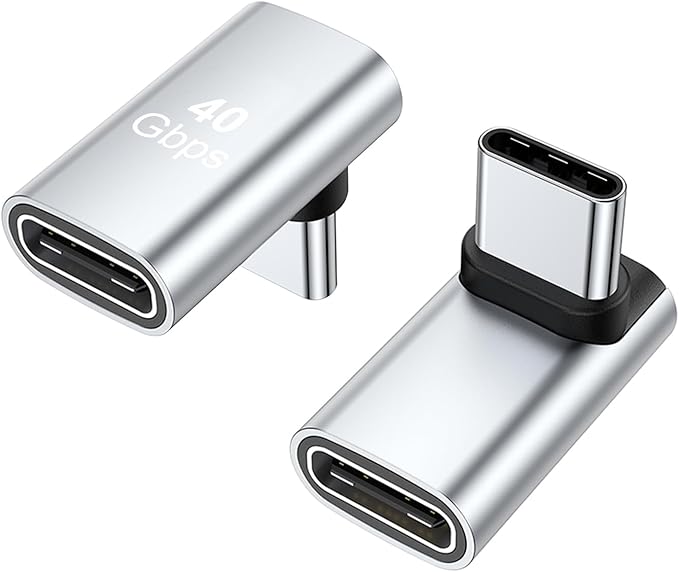 AreMe 90 Degree USB-C Male to Female Adapter, 2 Pack Right Angle 100W Type-C Adapter Extender for Steam Deck, ROG Ally, Switch, Notebook Computers, Tablet and Mobile Phones (Silver)