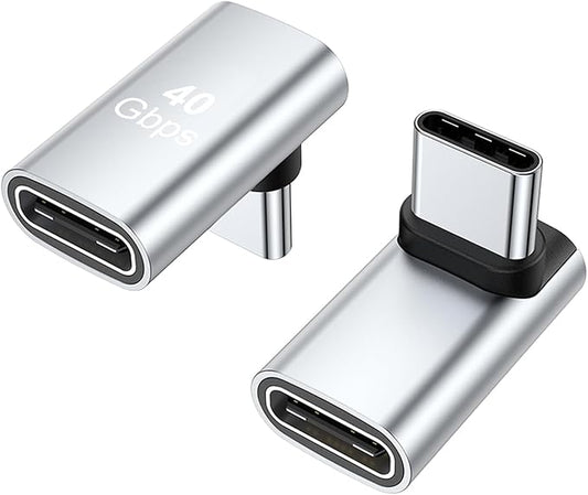 AreMe 90 Degree USB-C Male to Female Adapter, 2 Pack Right Angle 100W Type-C Adapter Extender for Steam Deck, ROG Ally, Switch, Notebook Computers, Tablet and Mobile Phones (Silver)