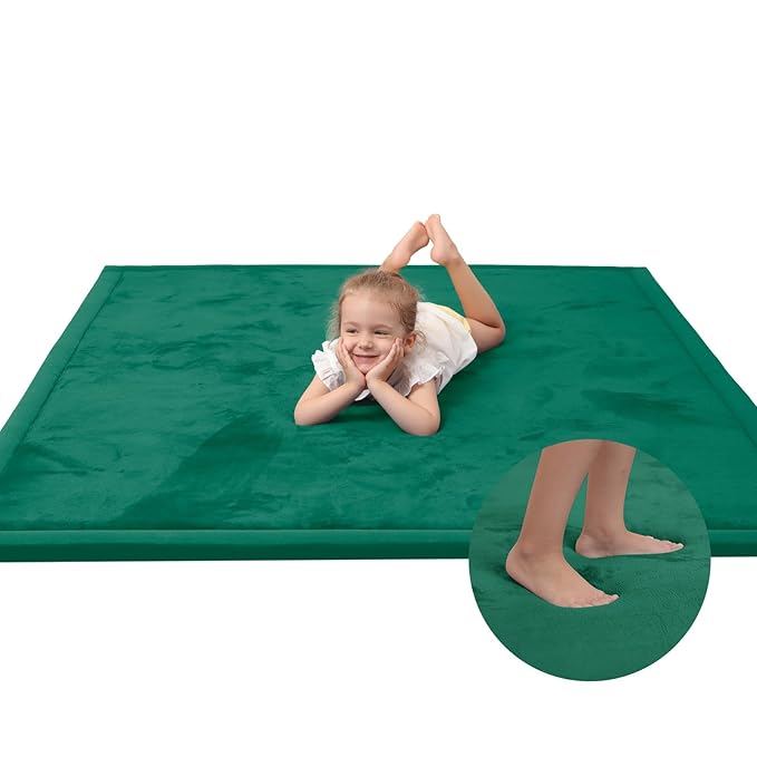 Baby Play Mat for Floor,1.3" Thick Elasti-Foam 74×50 Playpen Mat for Toddlers Infant kids,Water-Repellent Soft Coral Velvet for Tummy Time, Non-Slip Backing for Crawling,Tatami Style(Dark Green)
