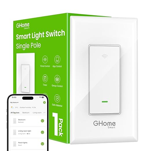 GHome Smart Switches for Lights, WiFi Smart Light Switch Works with Alexa and Google Home, Single-Pole, Neutral Wire Required, 2.4Ghz WiFi Light Switch with APP Control, No Hub Required, UL FCC Listed