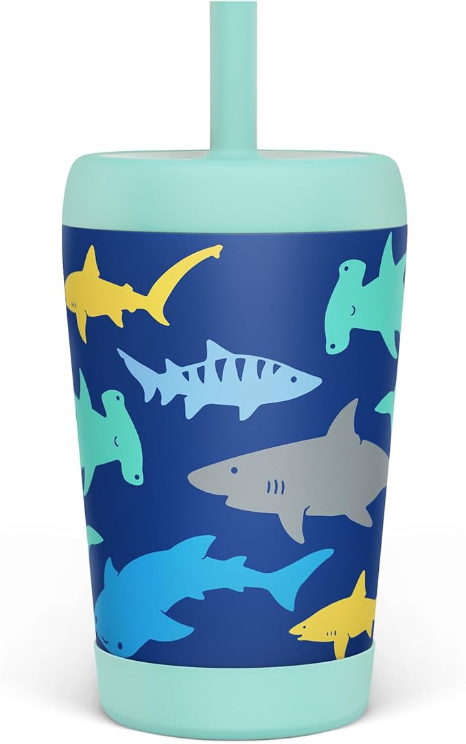 Kid Insulated Stainless Steel Tumbler with Silicone Straw, 12oz Sippy Cup for Kids (Sharks)