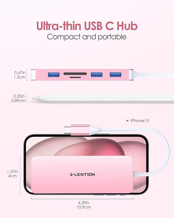 LENTION 5 in 1 USB to USB-C Adapter with Micro SD/SD Card Reader for iPhone, 4K@30Hz HDMI to USB C Hub Multiport Adapater with 3 USB 3.0 Compatible with 2025-2018 MacBook Pro MacBook Neo(Rose Gold)