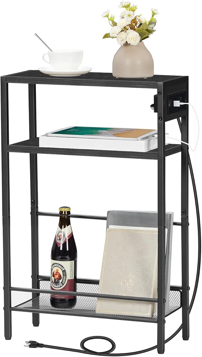 HOOBRO Small Narrow Side Table with Charging Station, Skinny End Table for Small Spaces, Slim Nightstand with USB Ports Outlet, Sofa Beside Table with Storage Shelf, Black BB102UBZ01