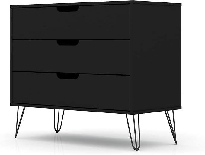 Manhattan Comfort Rockefeller 3 Drawer Dresser for Bedroom Storage, Closet, Living Room, Entryway, TV Stand for Screens up to 32 Inches, Anti-Tip Kit Included, Set of 2, Black