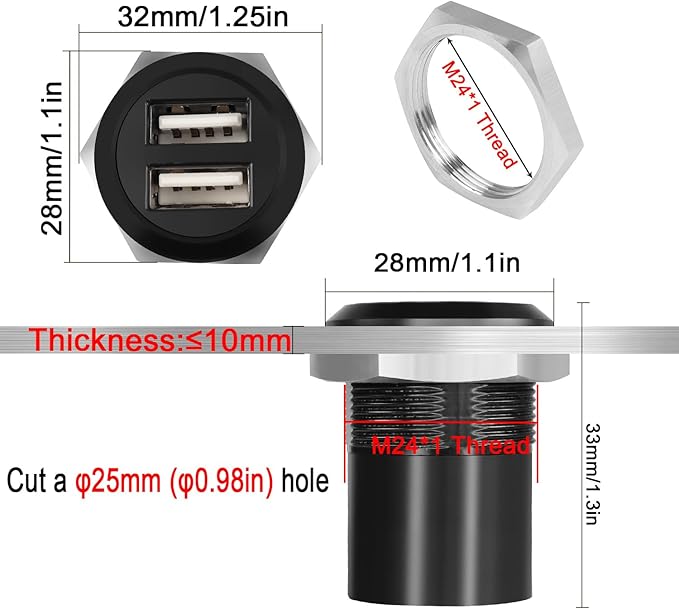 QIANRENON Dual USB2.0 Threaded Fixed Round Connector 2 USB2.0 Female to 2 Female Panel Mount Adapter Dual USB2.0 Flush Mount Socket, for Data Transfer/Charge External USB Auxiliary Device