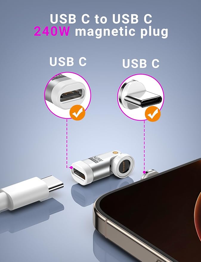 USB C Magnetic Adapter PD 240W(2Pack), 9PIN USB C 90 Degree Adapter/C Right Angle Adapters/180 Degree C Connector/C to C Adapters for 1Phone 17/16/15, Ma-Book Pro/1Pad Series, Samsung Galaxy Series