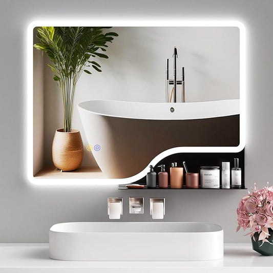 32"x 24" LED Bathroom Mirror with Shelf, 3 Colors Backlit Vanity Mirror with Lights, Wall-Mounted Bathroom Mirror with Lights, Smart Mirror with Anti-Fog, Stepless Dimmable, Memory (UL, ETL)