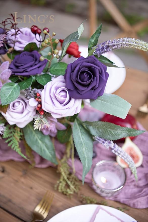 Ling's moment Artificial Flowers 25Pcs Deep Purple Roses Decor w/Stems,3" Real Touch DIY Foam Floral for Wedding Bouquet/Centerpieces, Outdoors Party Backdrop, Room/Table, and Garden/Pot Decorations