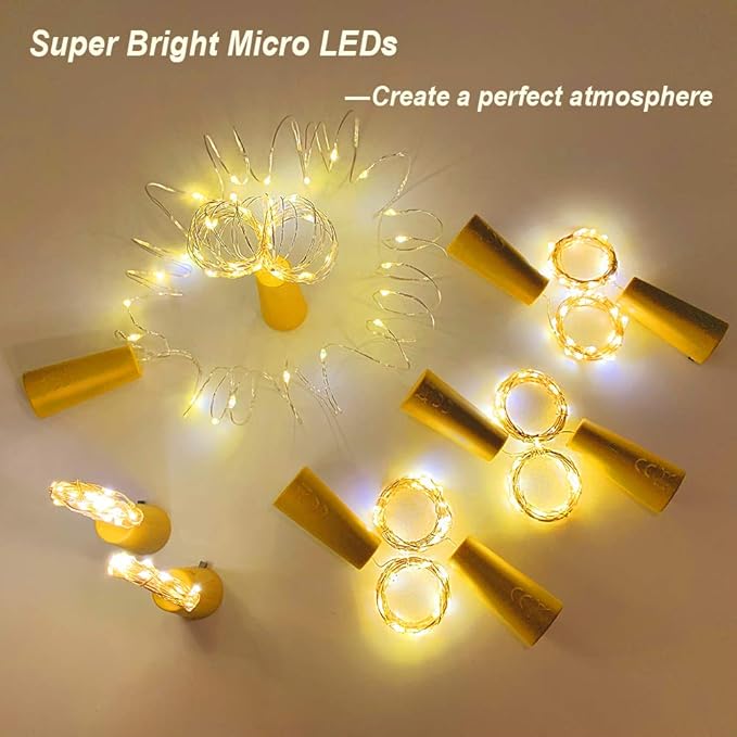 MUMUXI 10 Pack Bottle Lights with Cork Switch, 3.3ft 20 LED Warm White String Lights, Universal Fit for Wine and Liquor Bottles, Ideal for Christmas, Indoor and Outdoor Decoration, Easy to Use