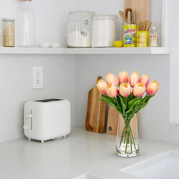 Fake Tulips Artificial Tulip Flowers in Glass Vase with Faux Water, 14.2" Real Touch Peach Tulip Flowers Spring Décor for Table Centerpiece Home Farmhouse Resto Wedding Decoration