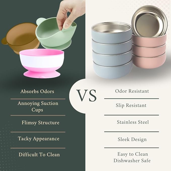 Monkey Proof™ Non-Toxic Stainless Steel Child Bowl 5” with Non-Slip Silicone Shell, (Set of 4 bowls) Unbreakable, Mess Free Feeding for Babies, Toddlers, Kids, BPA free (Misty Blue)