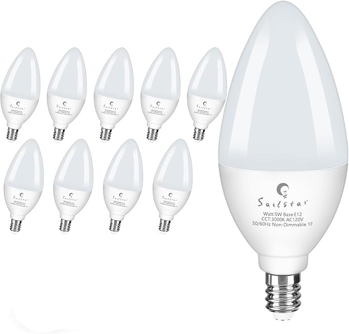 Sailstar Light Bulbs 60 Watt Equivalent, E12 Candelabra LED Light Bulbs,3000K White, 500LM Ceiling Fan Light Bulbs, B11 Type B Bulb, Small Base Chandelier Light Bulbs 5W, CRI 85, Non-dimmable,10 Pack