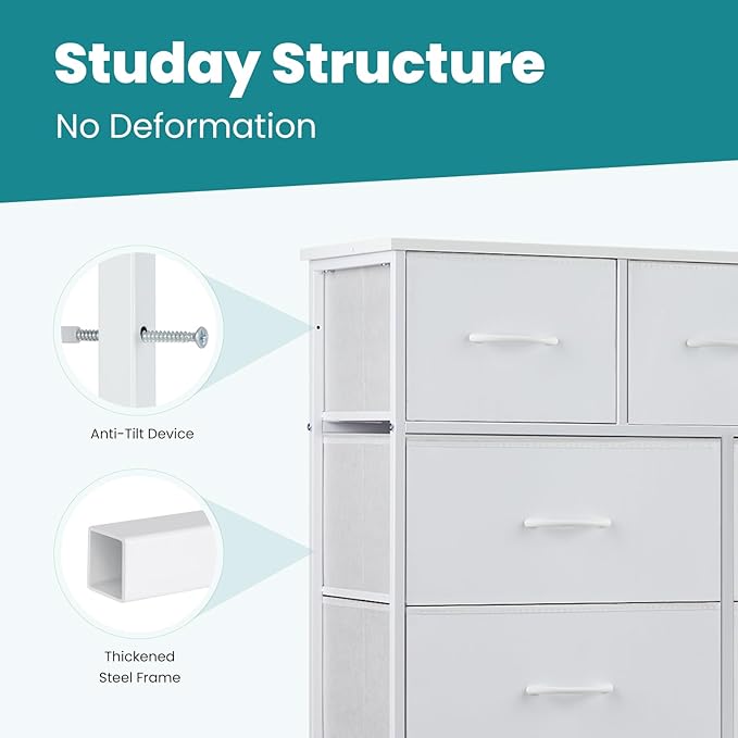 OLIXIS Dresser for Bedroom, 9 Storage Drawers, Wide Fabric Closet Chests Organizer Tower Furniture, TV Stand with Wooden Top Metal Frame for Clothes, Living Room, Hallway, Entryway, Classic White