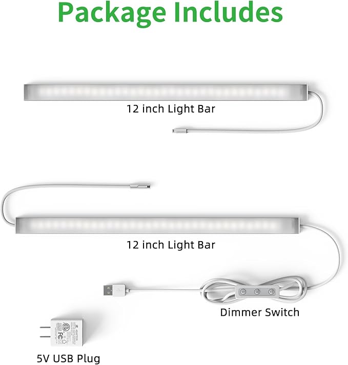 Plug-in Under Cabinet Lighting, Dimmable Under Counter Lights for Kitchen, 2pcs 12 Inch, Warn White 3000K Linkable USB Led Closet Light, Wired Indoor Night Lights Bar for Desk,Sink,Workbench