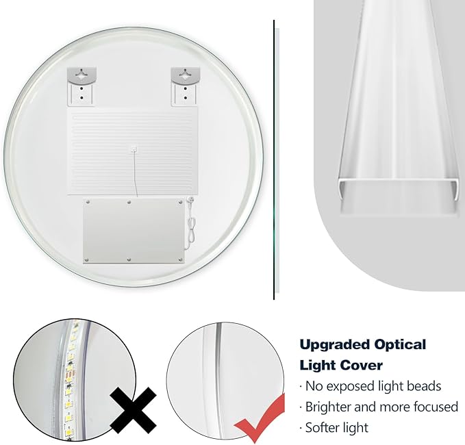 Niccy Round Led Mirror for Bathroom, 24" Circle Frameless Backlit Mirror wiht Light, Anti-Fog, 3 Colors, Waterproof, Memory Function