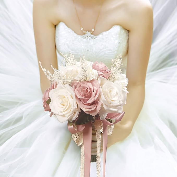 Wedding Bouquets for Bride, Champagne White & Pink Bridal Bridesmaid Wedding Flowers, Artificial Toss Rose for Civil Ceremony (Hollow Lace Ribbon Handle)