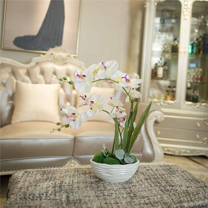 Large Artificial Potted Orchid Plant, Silk Flower Arrangement with Ceramics Vase, White
