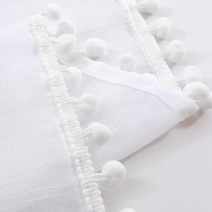 Treatmentex Pompom Sheer White Curtains for Living Room Kid's Room 72" Window Voile Drapes Slub Linen Texture Bedroom Curtains 2 Pack Rod Pocket