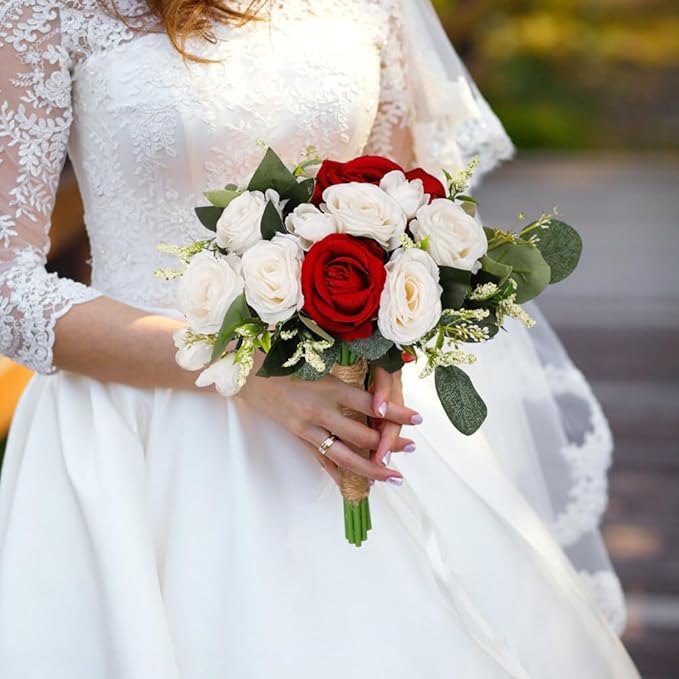 Wedding Rose Bouquet Bridesmaid Flower Bouquets, Artificial Flower Blue White Rose Wedding Bouquets for Bride Bridesmaid Bouquet Faux Bouquet Bride Bridesmaid Holding Flower for Wedding Decor, Medium