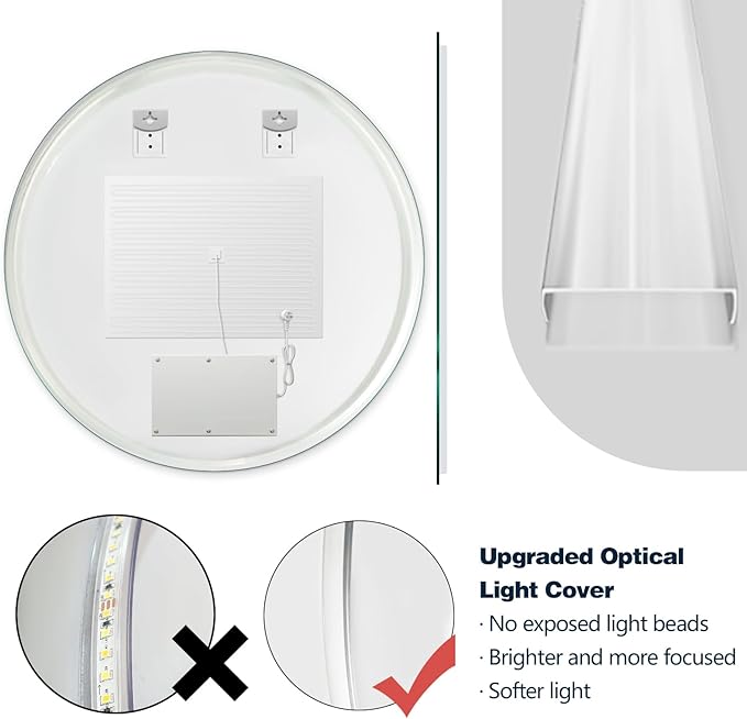Niccy Round Led Mirror for Bathroom, 30" Circle Frameless Backlit Mirror wiht Light, Anti-Fog, 3 Colors, Waterproof, Memory Function