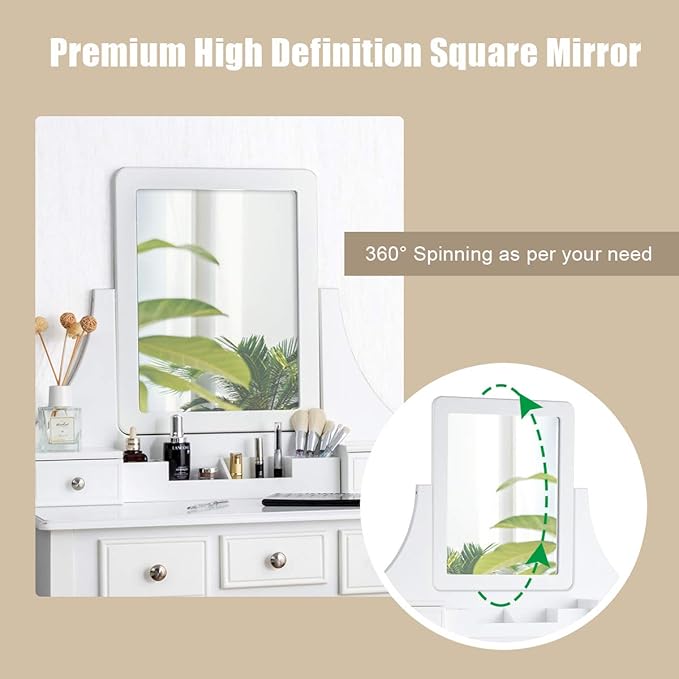 CHARMAID Makeup Vanity Set with Mirror and Cushioned Stool, Dressing Table with 5 Drawers and Removable Storage Organizers, Bedroom Makeup Table with Stool for Women Girls (White)