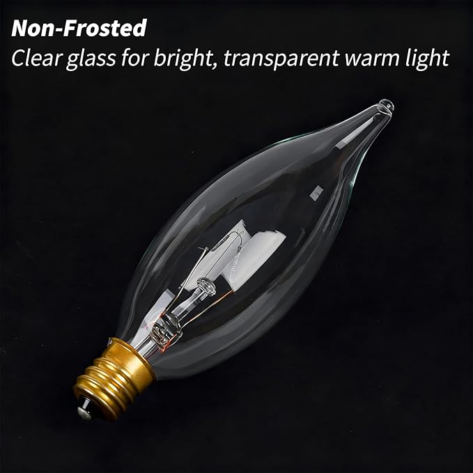 E12 Candle Light Bulbs 60W, Dimmable Warm White 2700K Chandelier Light Bulbs for Ceiling Fan or Pendants, CA10 Clear Candelabra Gold Base Bulbs, 12 Pack