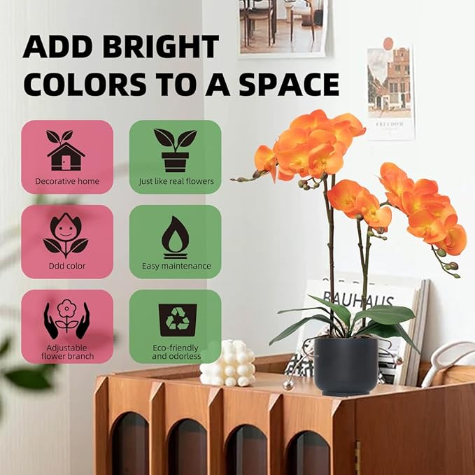 CXGS Orchids Artificial Flowers Real Touch Fake Flowers in Ceramic Pot 20" Orange Faux Orchid Plant Lifelike Silk Phalaenopsis for Centerpiece Hotel Home Indoor Decor