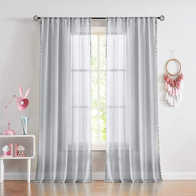Treatmentex Grey Linen Textured Sheer Curtains Drapes for Bedroom Living Room Office Window Curtain Set 2 Pack Extral Long 108 inches Length Rod Pocket